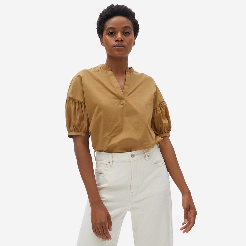 Everlane split neck puff sleeve brown top